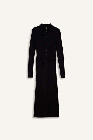 Fitted Vücudu Saran Gömlek Yaka Basic Düz Uzun Kollu Midi Elbise