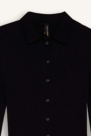 Fitted Vücudu Saran Gömlek Yaka Basic Düz Uzun Kollu Midi Elbise