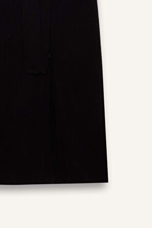 Fitted Vücudu Saran Gömlek Yaka Basic Düz Uzun Kollu Midi Elbise