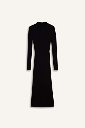 Fitted Vücudu Saran Gömlek Yaka Basic Düz Uzun Kollu Midi Elbise