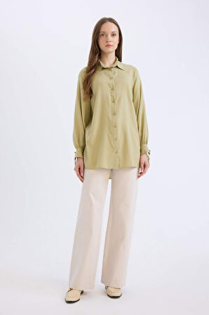 Regular Fit Basic Düz Viskon Uzun Kollu Gömlek Tunik