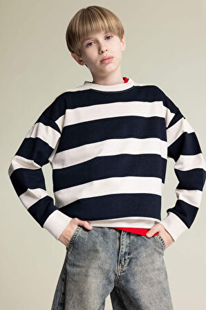 DeFacto Erkek Çocuk Oversize Geniş Kalıp Bisiklet Yaka Çizgili Sweatshirt D7401A825SPBG74