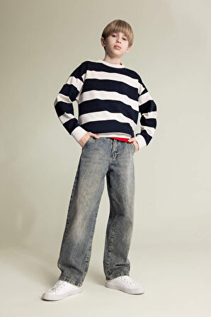 DeFacto Erkek Çocuk Oversize Geniş Kalıp Bisiklet Yaka Çizgili Sweatshirt D7401A825SPBG74