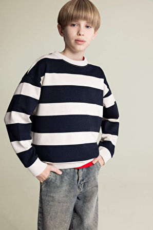 DeFacto Erkek Çocuk Oversize Geniş Kalıp Bisiklet Yaka Çizgili Sweatshirt D7401A825SPBG74