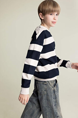 DeFacto Erkek Çocuk Oversize Geniş Kalıp Bisiklet Yaka Çizgili Sweatshirt D7401A825SPBG74