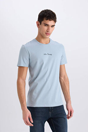 Slim Fit Dar Kesim Bisiklet Yaka Baskılı Kısa Kollu Tişört