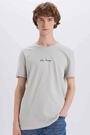 DeFacto %100 Pamuk Slim Fit Dar Kesim Bisiklet Yaka Baskılı Kısa Kollu Tişört X3932AZ25SMGR91