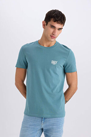 Slim Fit Dar Kesim Bisiklet Yaka Baskılı Kısa Kollu Tişört