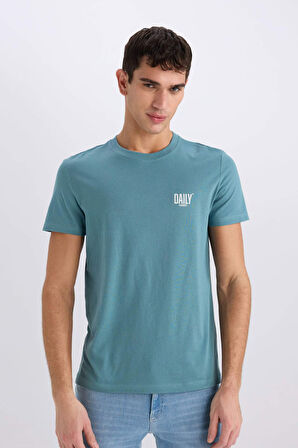 Slim Fit Dar Kesim Bisiklet Yaka Baskılı Kısa Kollu Tişört