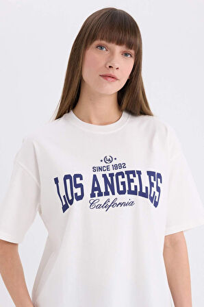 DeFacto Oversize Geniş Kalıp Bisiklet Yaka Baskılı Kısa Kollu Tişört E5055AX25SPER105