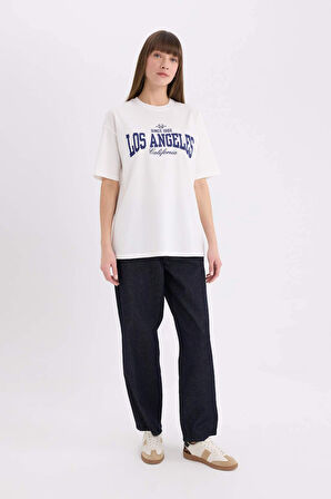 DeFacto Oversize Geniş Kalıp Bisiklet Yaka Baskılı Kısa Kollu Tişört E5055AX25SPER105