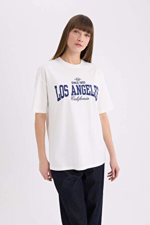 DeFacto Oversize Geniş Kalıp Bisiklet Yaka Baskılı Kısa Kollu Tişört E5055AX25SPER105