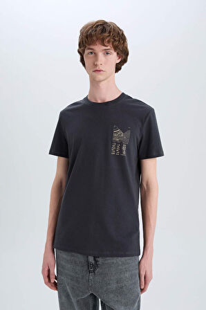 DeFacto %100 Pamuk Slim Fit Dar Kesim Bisiklet Yaka Baskılı Kısa Kollu Tişört C2131AX25SMAR231