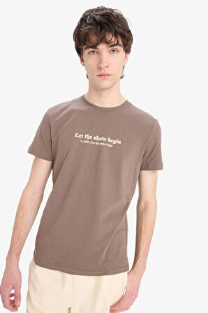 Slim Fit Dar Kesim Bisiklet Yaka Baskılı Kısa Kollu Tişört
