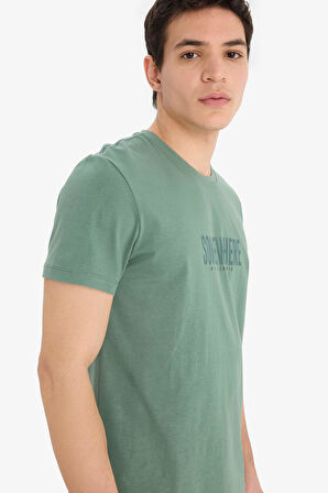 Slim Fit Dar Kesim Bisiklet Yaka Baskılı Kısa Kollu Tişört