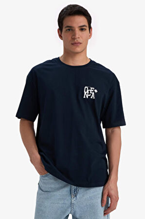 Comfort Fit Bisiklet Yaka Baskılı Kısa Kollu Tişört