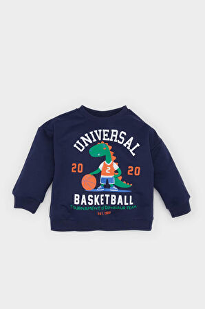 Erkek Bebek Bisiklet Yaka Dinazor Baskılı Sweatshirt