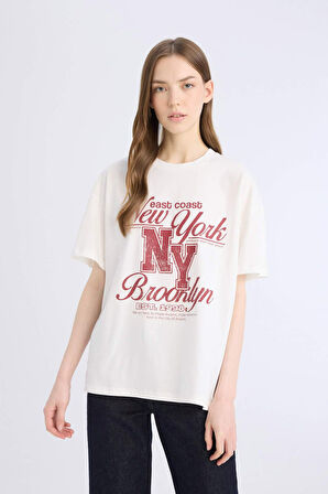 Oversize Geniş Kalıp Bisiklet Yaka Baskılı Kısa Kollu Tişört