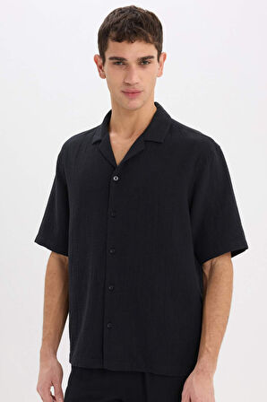DeFacto %100 Pamuk Relax Fit Pamuklu Yazlık Müslin Kısa Kollu Siyah Gömlek C7578AX25SMBK81