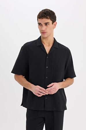 DeFacto %100 Pamuk Relax Fit Pamuklu Yazlık Müslin Kısa Kollu Siyah Gömlek C7578AX25SMBK81