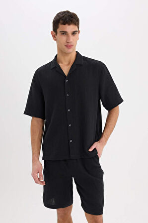 DeFacto %100 Pamuk Relax Fit Müslin Cepli Basic Düz Bermuda Şort C7589AX25SMBK81