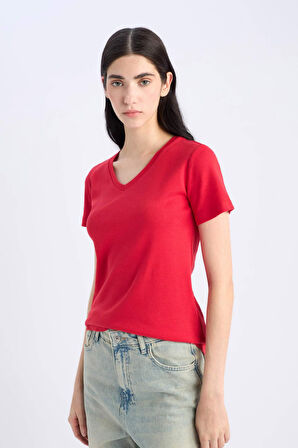 Slim Fit Dar Kesim V Yaka Ribana Basic Düz %100 Pamuk Kısa Kollu Tişört