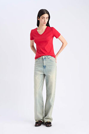 Slim Fit Dar Kesim V Yaka Ribana Basic Düz %100 Pamuk Kısa Kollu Tişört