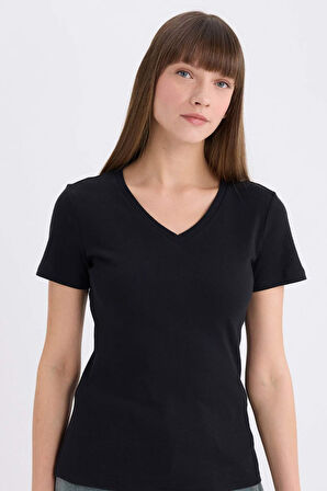 DeFacto Slim Fit Dar Kesim V Yaka Basic Düz Ribana Kısa Kollu Tişört I1080AZ25SPBK81