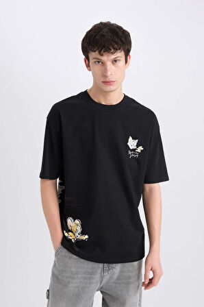 DeFacto %100 Pamuk Tom & Jerry Oversize Geniş Kalıp Bisiklet Yaka Sırt Baskılı Kısa Kollu Tişört C1527AX25SMBK81