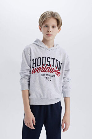 Erkek Çocuk 2'li Takım Kapüşonlu Baskılı Sweatshirt Beli Lastikli Eşofman Altı