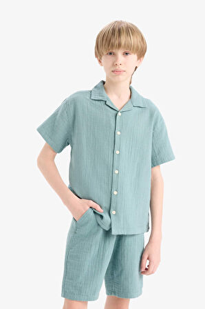 Erkek Çocuk Oversize Geniş Kalıp Polo Yaka Müslin Kısa Kollu Gömlek