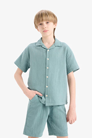 Erkek Çocuk Oversize Geniş Kalıp Polo Yaka Müslin Kısa Kollu Gömlek