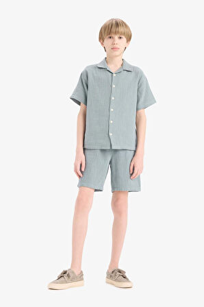 Erkek Çocuk Oversize Geniş Kalıp Polo Yaka Müslin Kısa Kollu Gömlek