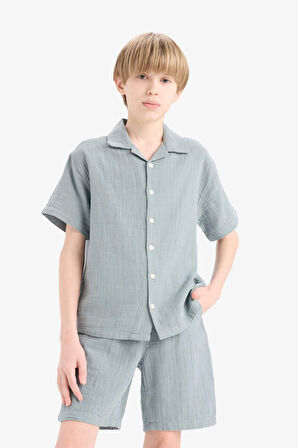 Erkek Çocuk Oversize Geniş Kalıp Polo Yaka Müslin Kısa Kollu Gömlek