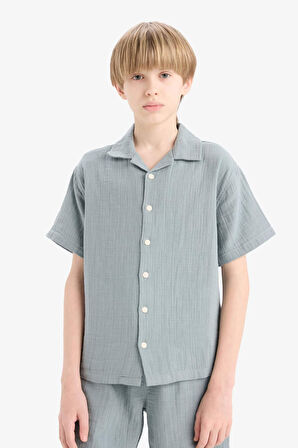 Erkek Çocuk Oversize Geniş Kalıp Polo Yaka Müslin Kısa Kollu Gömlek
