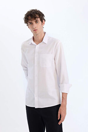 DeFacto Modern Fit Polo Yaka Basic Düz Uzun Kollu Beyaz Gömlek E5045AX25SMWT34