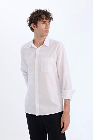DeFacto Modern Fit Polo Yaka Basic Düz Uzun Kollu Beyaz Gömlek E5045AX25SMWT34