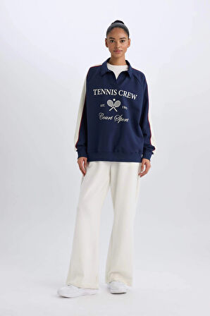 Defacto D7131 Lacivert DeFactoFit Oversize Geniş Kalıp Polo Yaka Baskılı Sporcu Sweatshirt