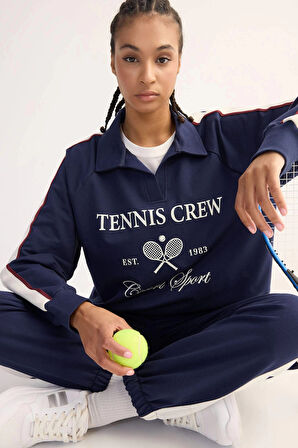 Defacto D7131 Lacivert DeFactoFit Oversize Geniş Kalıp Polo Yaka Baskılı Sporcu Sweatshirt