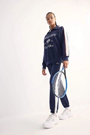 Defacto D7131 Lacivert DeFactoFit Oversize Geniş Kalıp Polo Yaka Baskılı Sporcu Sweatshirt