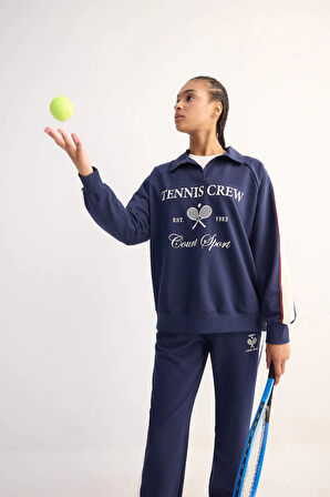 Defacto D7131 Lacivert DeFactoFit Oversize Geniş Kalıp Polo Yaka Baskılı Sporcu Sweatshirt