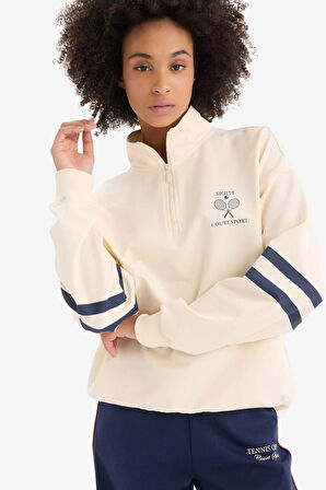 Defacto D7132 Ekru DeFactoFit Oversize Geniş Kalıp Yarım Fermuarlı Baskılı Sporcu Sweatshirt