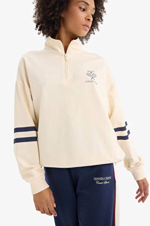 Defacto D7132 Ekru DeFactoFit Oversize Geniş Kalıp Yarım Fermuarlı Baskılı Sporcu Sweatshirt