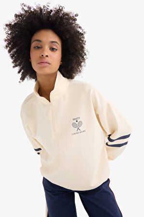 Defacto D7132 Ekru DeFactoFit Oversize Geniş Kalıp Yarım Fermuarlı Baskılı Sporcu Sweatshirt