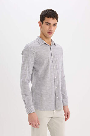DeFacto Modern Fit Polo Yaka Çizgili Uzun Kollu Gömlek E5046AX25SMBK81