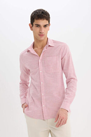 DeFacto Modern Fit Polo Yaka Çizgili Uzun Kollu Gömlek E5046AX25SMRD92
