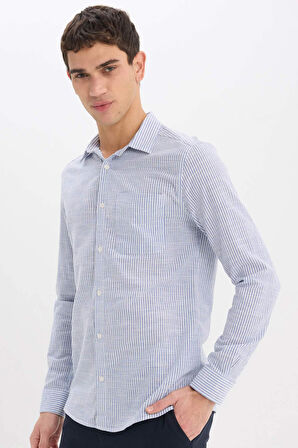 DeFacto Modern Fit Polo Yaka Çizgili Uzun Kollu Gömlek E5046AX25SMBE281