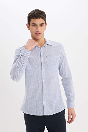 DeFacto Modern Fit Polo Yaka Çizgili Uzun Kollu Gömlek E5046AX25SMBE281