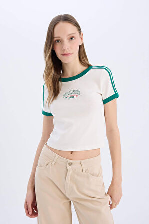 DeFacto Coool Fitted Baskılı Ribana Kısa Kollu Tişört E0333AX25SMWT32