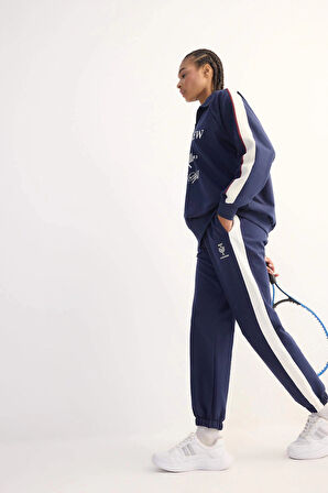 Defacto D7138 Lacivert DeFactoFit Standart Fit Sporcu Jogger İnce Eşofman Altı Beli Bağcıklı Cepli Baskılı